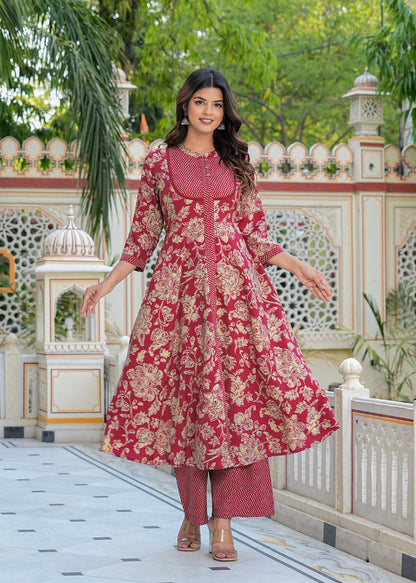 Yash Gallery Women's Floral Printed Anarkali Kurta with Zig-Zag Printed Pant & Dupatta (Blue)