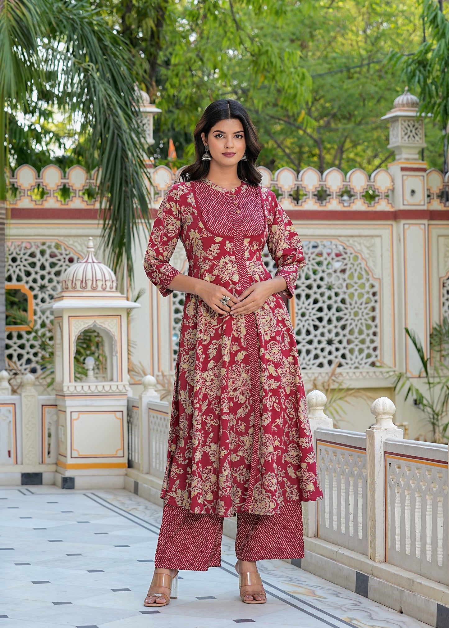 Yash Gallery Women's Floral Printed Anarkali Kurta with Zig-Zag Printed Pant & Dupatta (Blue)