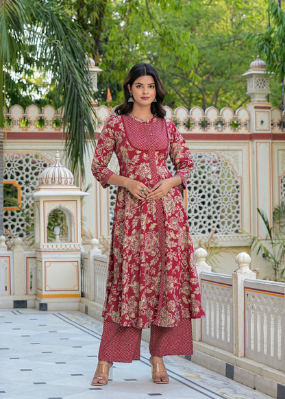 Yash Gallery Women's Floral Printed Anarkali Kurta with Zig-Zag Printed Pant & Dupatta (Blue)