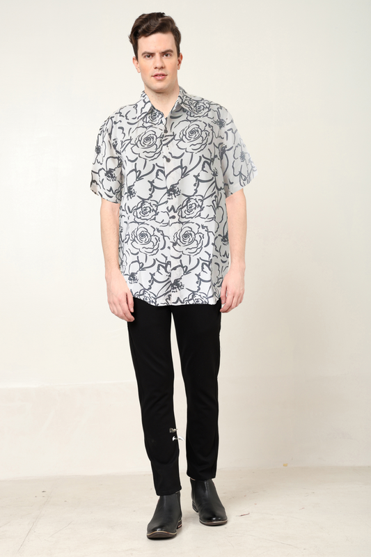 YASH GALLERY Men's Polyester Floral Printed Regular Shirt (Black)