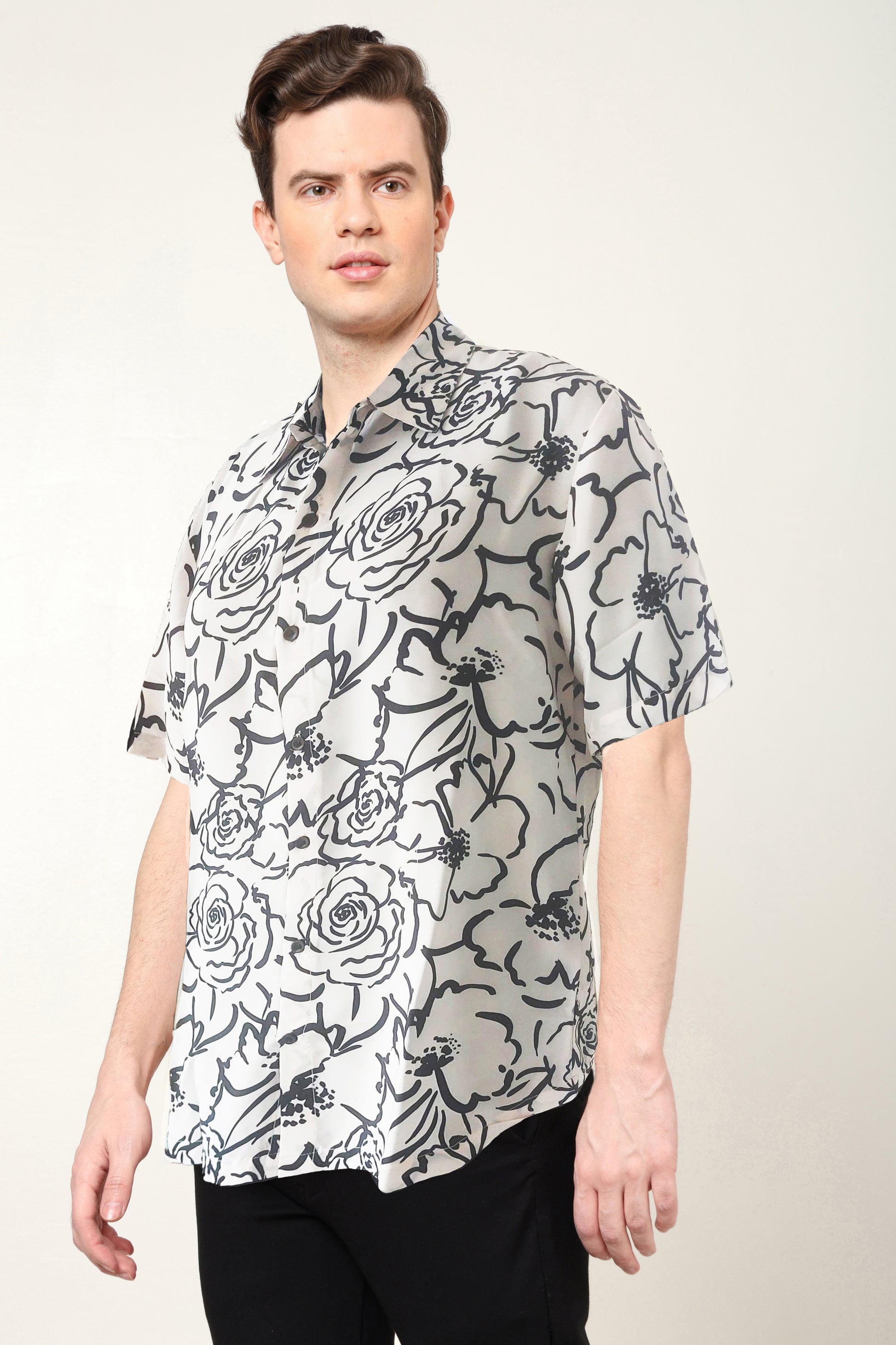 YASH GALLERY Men's Polyester Floral Printed Regular Shirt (Black)