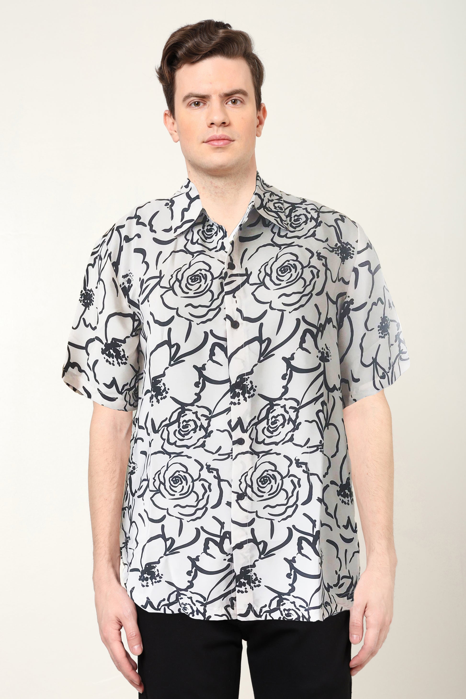 YASH GALLERY Men's Polyester Floral Printed Regular Shirt (Black)