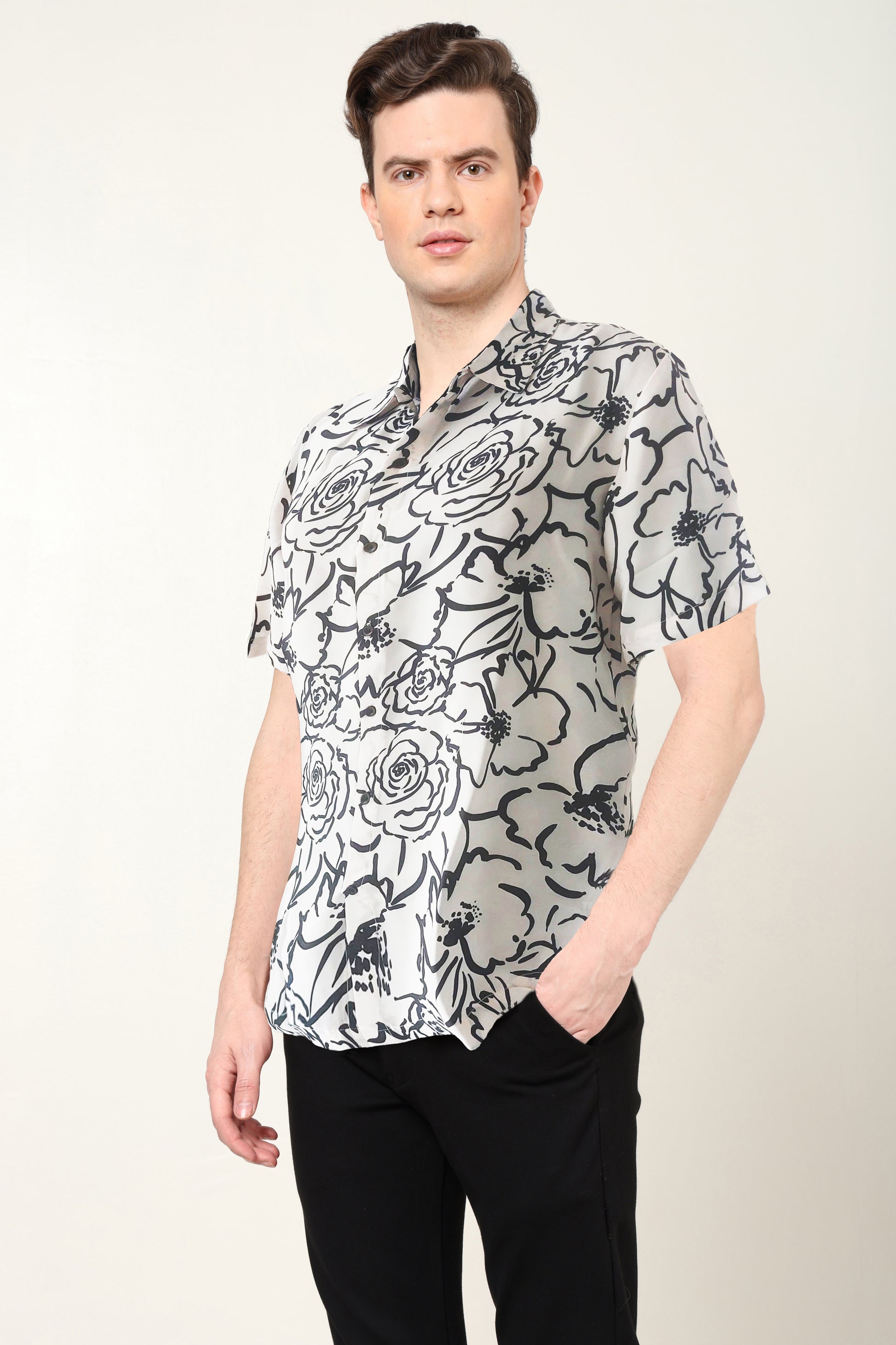 YASH GALLERY Men's Polyester Floral Printed Regular Shirt (Black)