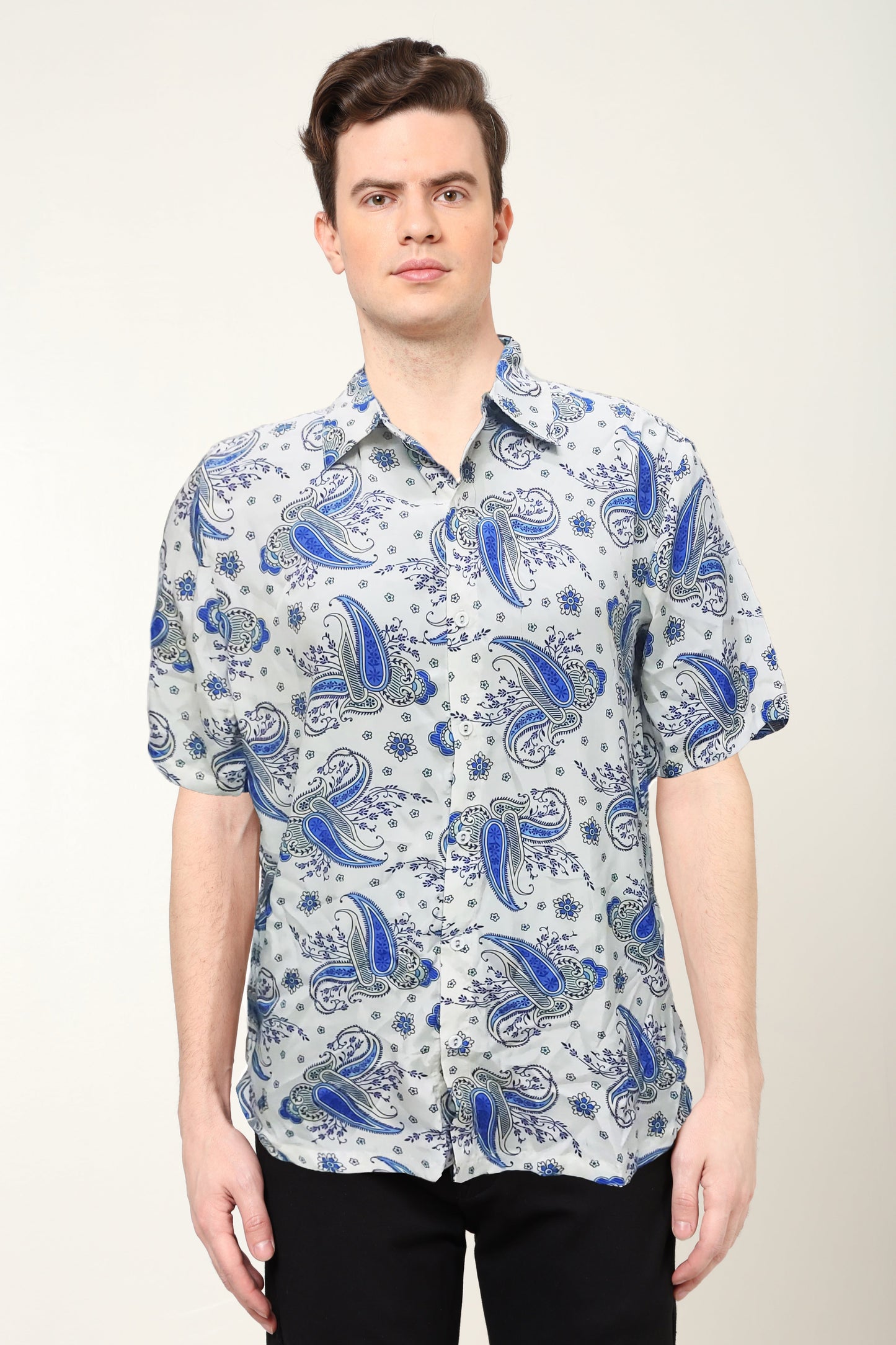 YASH GALLERY Men's Polyester Floral Buti Printed Regular Shirt (White)