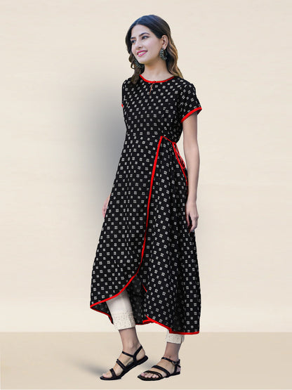 women cotton printed anarkali kurta black red