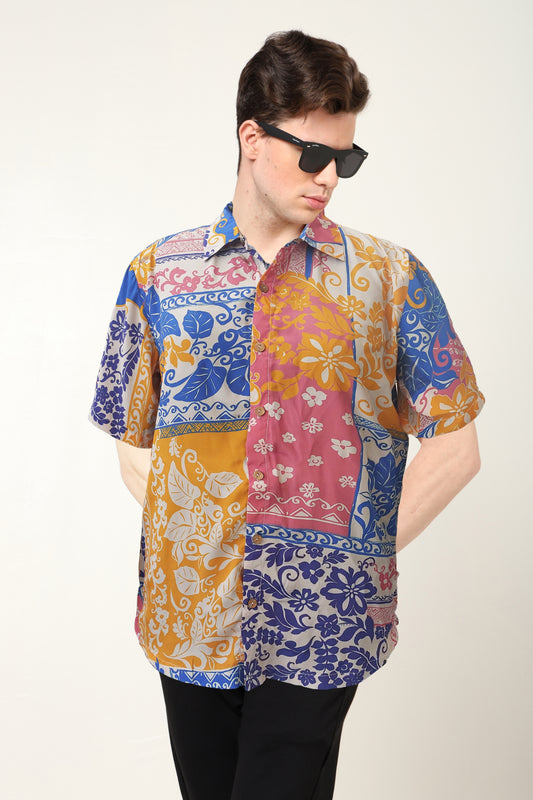 YASH GALLERY Men's Polyester Floral Patch Printed Regular Shirt (Multi)