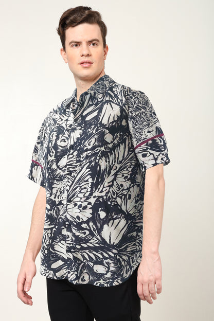 YASH GALLERY Men's Polyester Floral Printed Regular Shirt (Black)