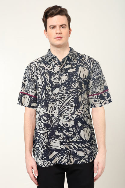YASH GALLERY Men's Polyester Floral Printed Regular Shirt (Black)