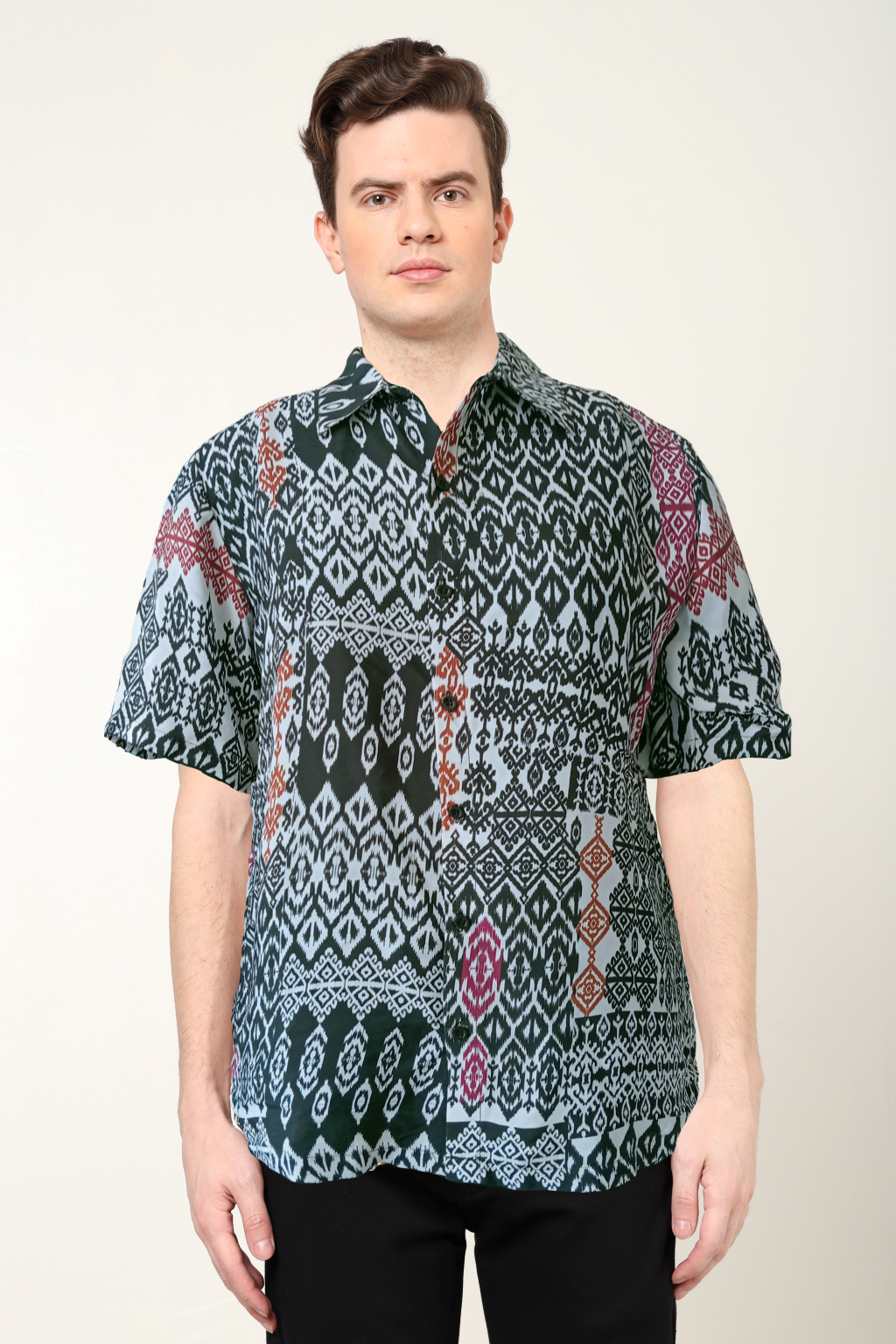 YASH GALLERY Men's Polyester Geomatrical Printed Regular Shirt (Black)