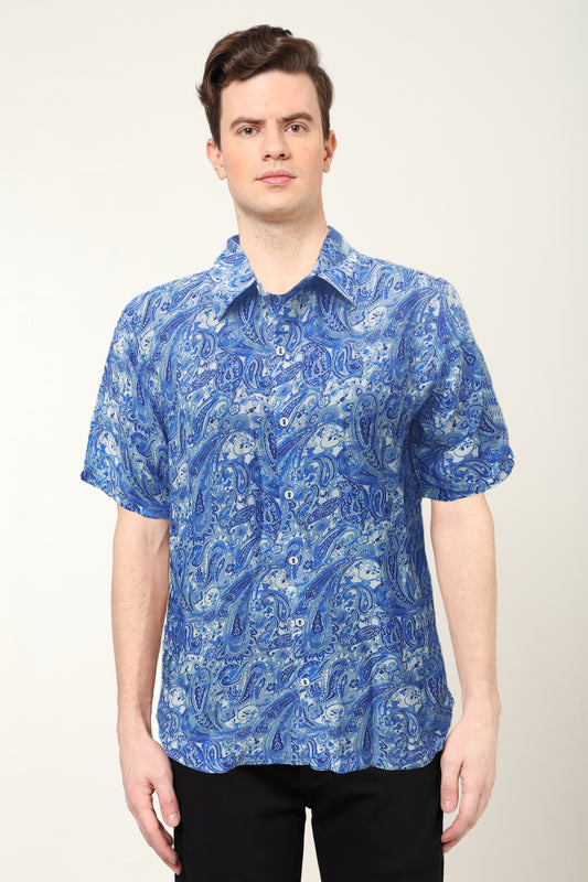 YASH GALLERY Men's Polyester Floral Printed Regular Shirt (Blue)