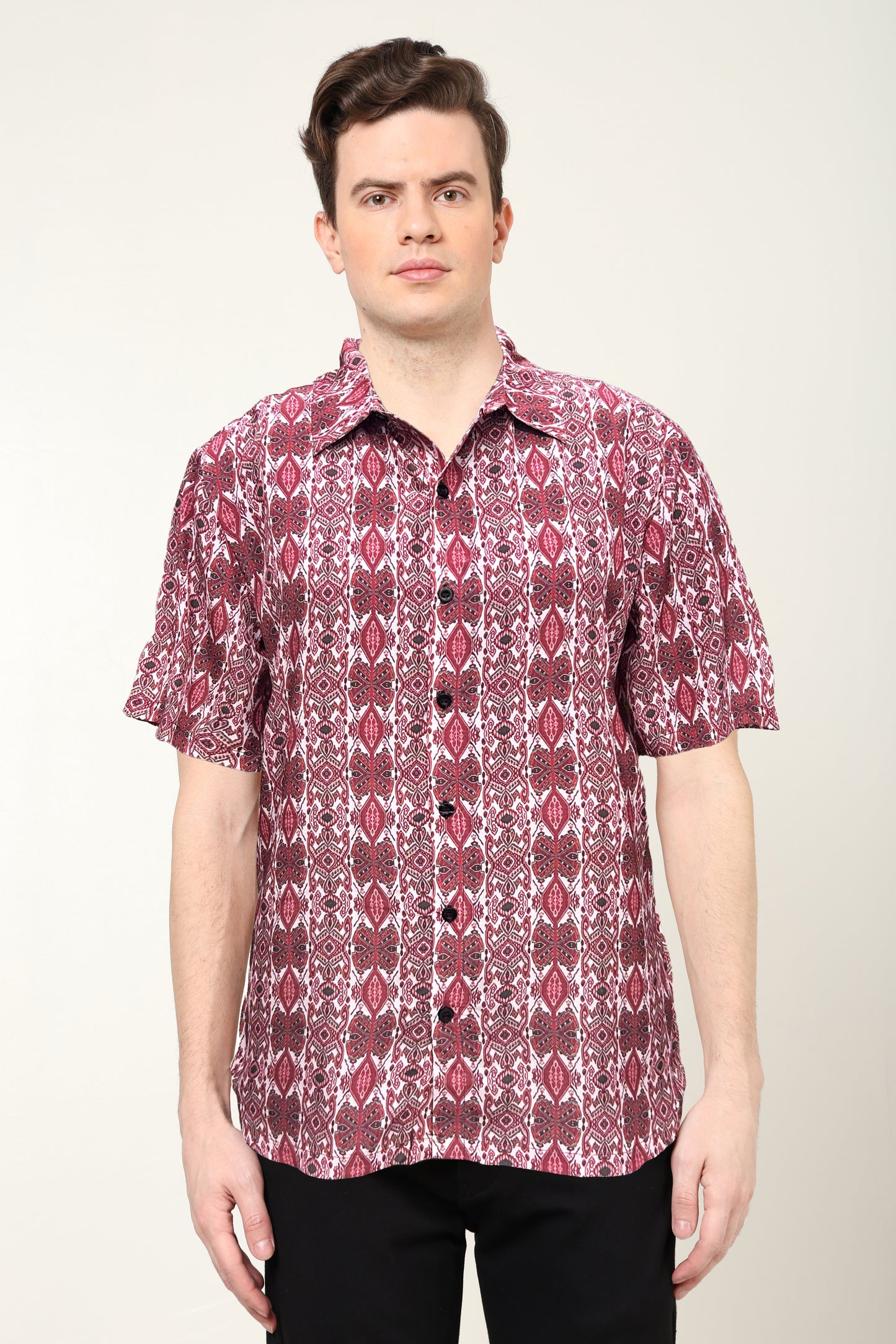 YASH GALLERY Men's Polyester Geometrical Printed Regular Shirt (Maroon)