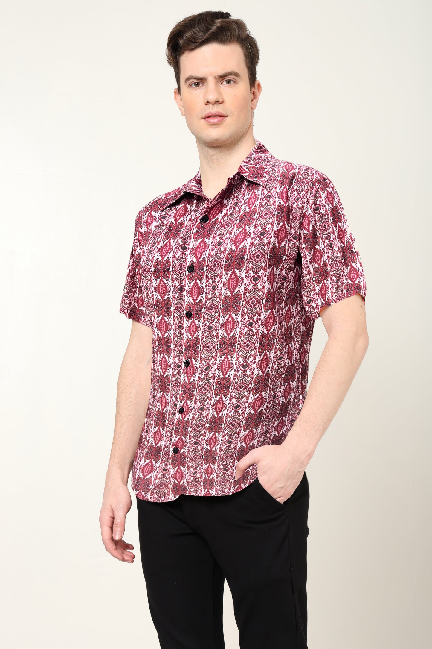 YASH GALLERY Men's Polyester Geometrical Printed Regular Shirt (Maroon)