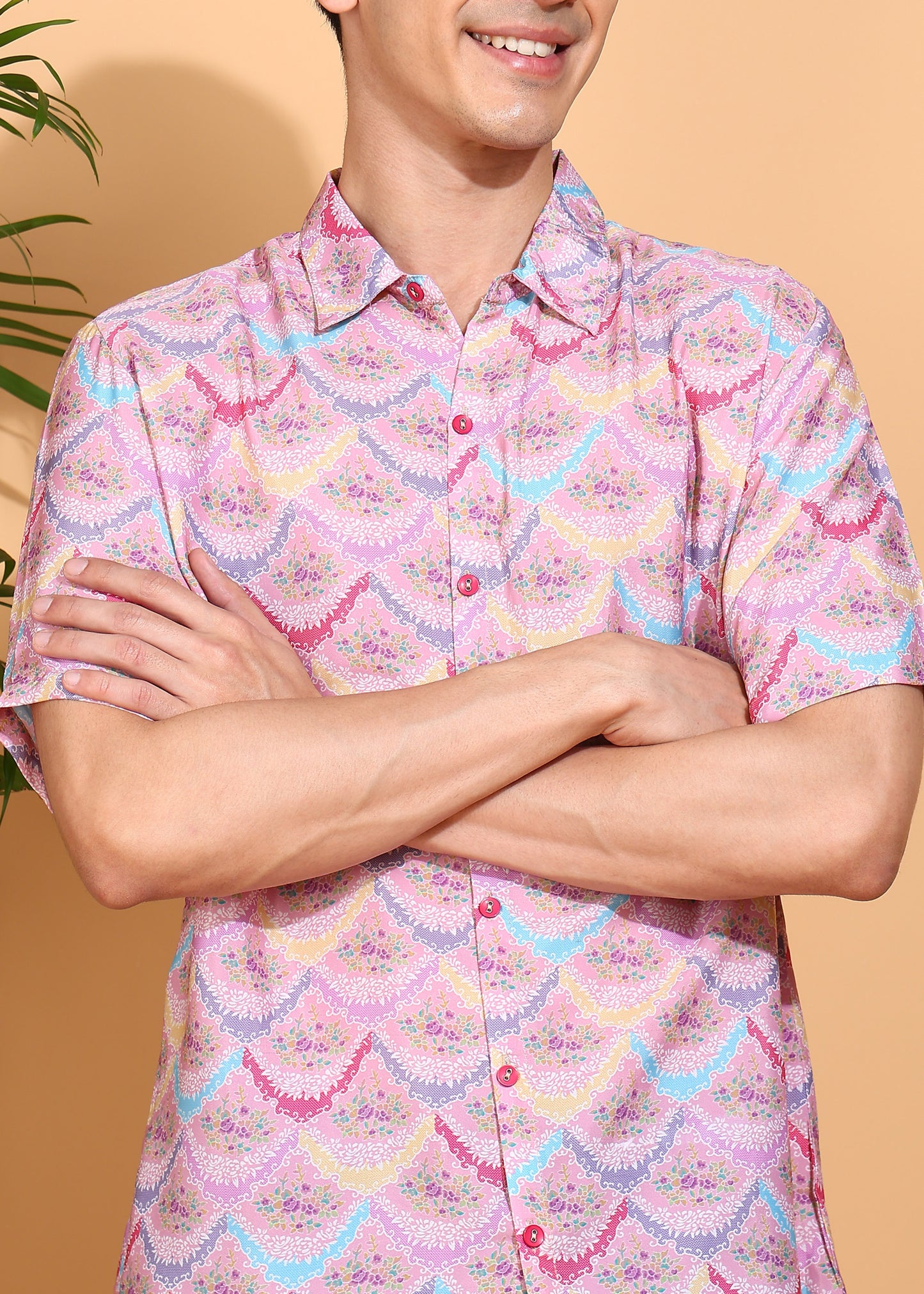 YASH GALLERY Men's Polyester Floral Printed Regular Shirt (Pink)