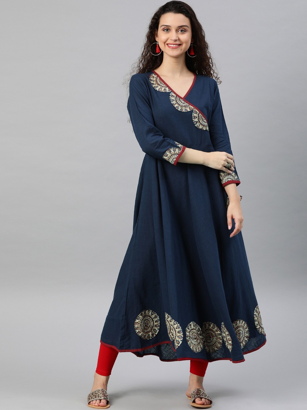 Yash Gallery Women's Cotton Slub Patch Work Angrakha Kurta
