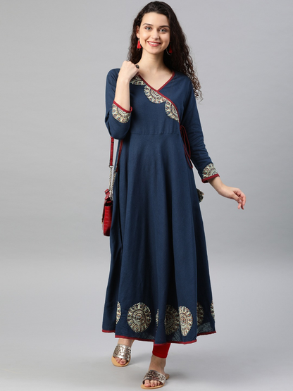 Yash Gallery Women's Cotton Slub Patch Work Angrakha Kurta