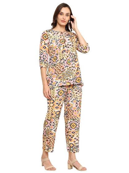 yash gallery womens polyester digital printed keyhole neck 3 4th sleeve co ord set top pant set short kurti set