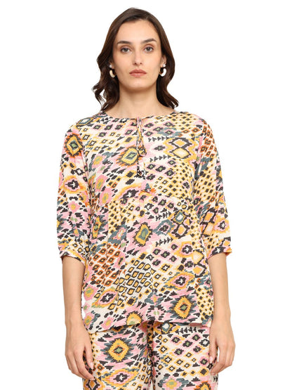yash gallery womens polyester digital printed keyhole neck 3 4th sleeve co ord set top pant set short kurti set