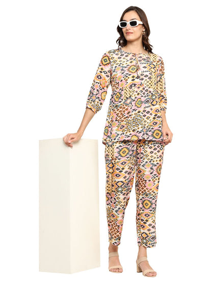 yash gallery womens polyester digital printed keyhole neck 3 4th sleeve co ord set top pant set short kurti set