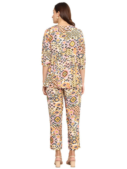 yash gallery womens polyester digital printed keyhole neck 3 4th sleeve co ord set top pant set short kurti set