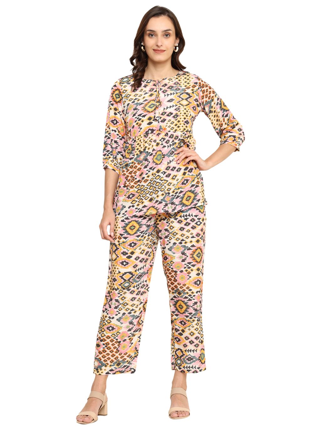 yash gallery womens polyester digital printed keyhole neck 3 4th sleeve co ord set top pant set short kurti set