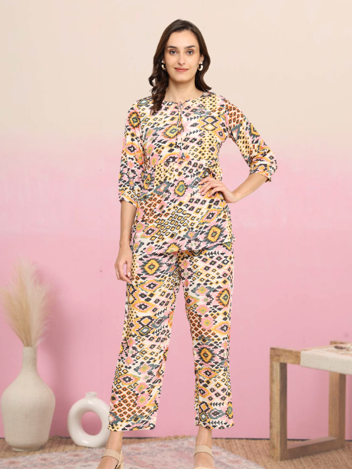 Yash Gallery Women's Polyester Digital Printed Keyhole Neck 3/4th Sleeve Co-ord Set || Top Pant set || Short Kurti Set