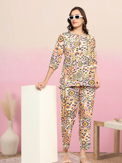 Yash Gallery Women's Polyester Digital Printed Keyhole Neck 3/4th Sleeve Co-ord Set || Top Pant set || Short Kurti Set