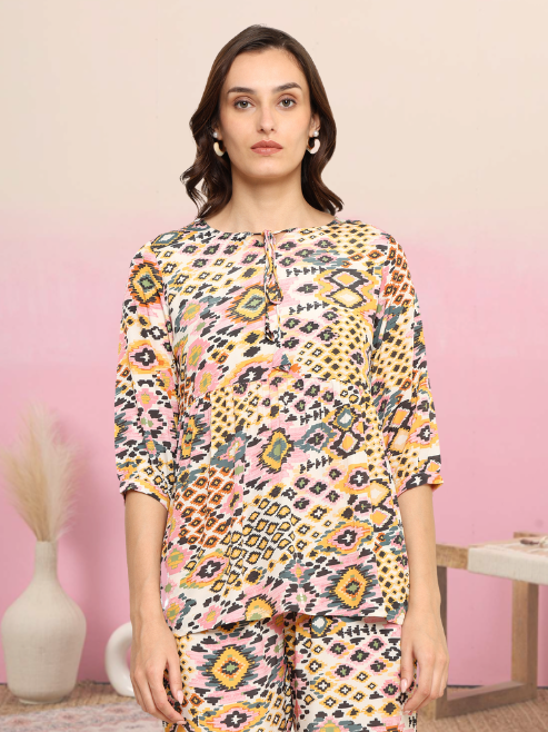 Yash Gallery Women's Polyester Digital Printed Keyhole Neck 3/4th Sleeve Co-ord Set || Top Pant set || Short Kurti Set