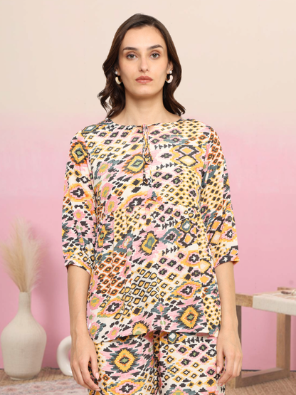 Yash Gallery Women's Polyester Digital Printed Keyhole Neck 3/4th Sleeve Co-ord Set || Top Pant set || Short Kurti Set