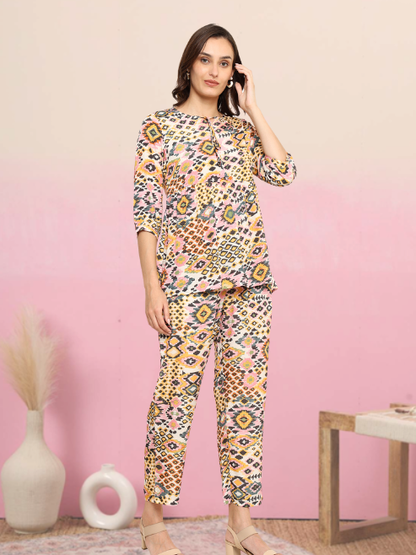 Yash Gallery Women's Polyester Digital Printed Keyhole Neck 3/4th Sleeve Co-ord Set || Top Pant set || Short Kurti Set