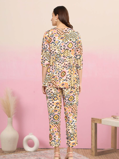 Yash Gallery Women's Polyester Digital Printed Keyhole Neck 3/4th Sleeve Co-ord Set || Top Pant set || Short Kurti Set