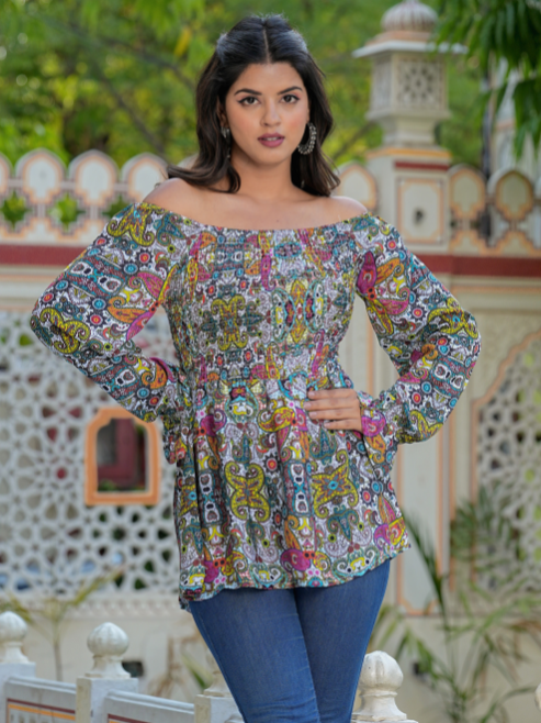 yash gallery polyester waist length digital printed top for women puff sleeve