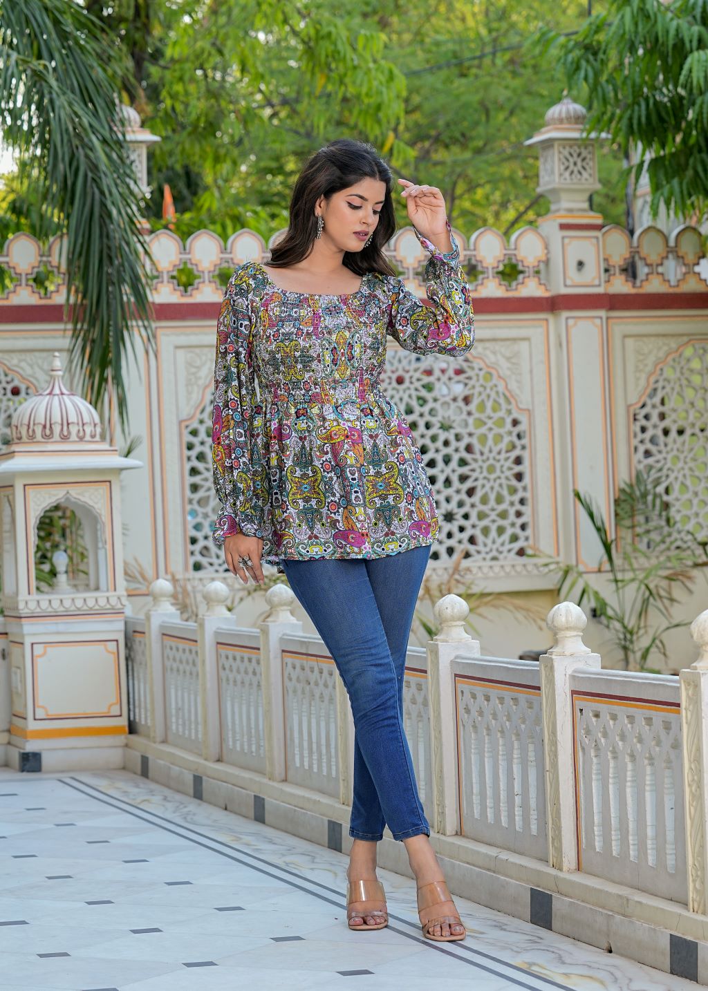 Yash Gallery Polyester Waist Length Digital Printed  Top for Women  Puff Sleeve