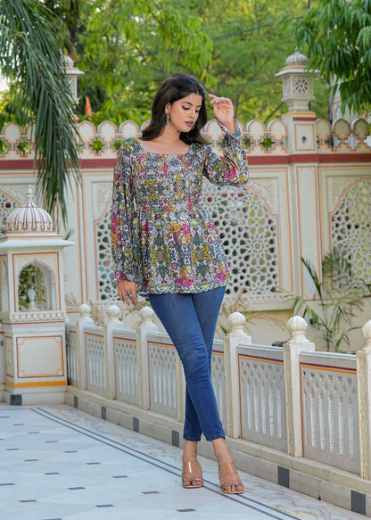 Yash Gallery Polyester Waist Length Digital Printed  Top for Women  Puff Sleeve