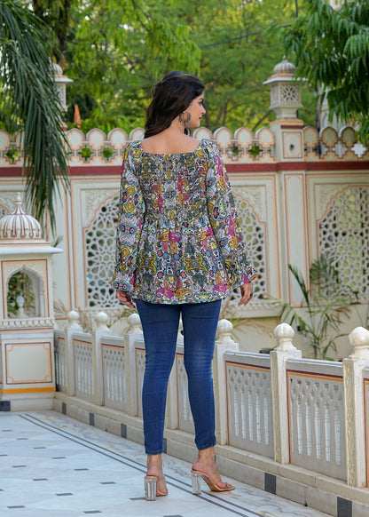Yash Gallery Polyester Waist Length Digital Printed  Top for Women  Puff Sleeve