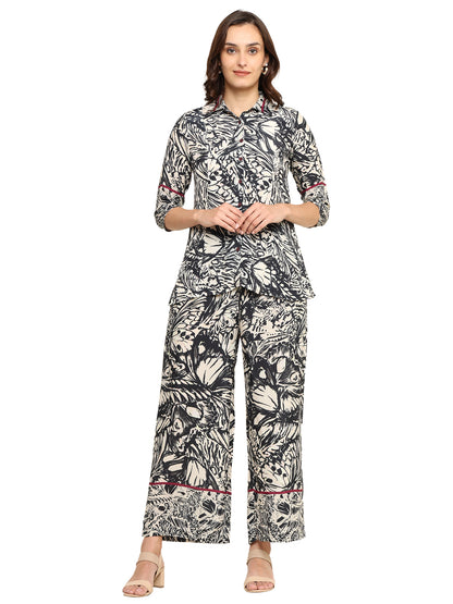 Yash Gallery  Women's Printed Cotton Blend Co-ord Set with Shirt Collar & Wide-Leg Pants