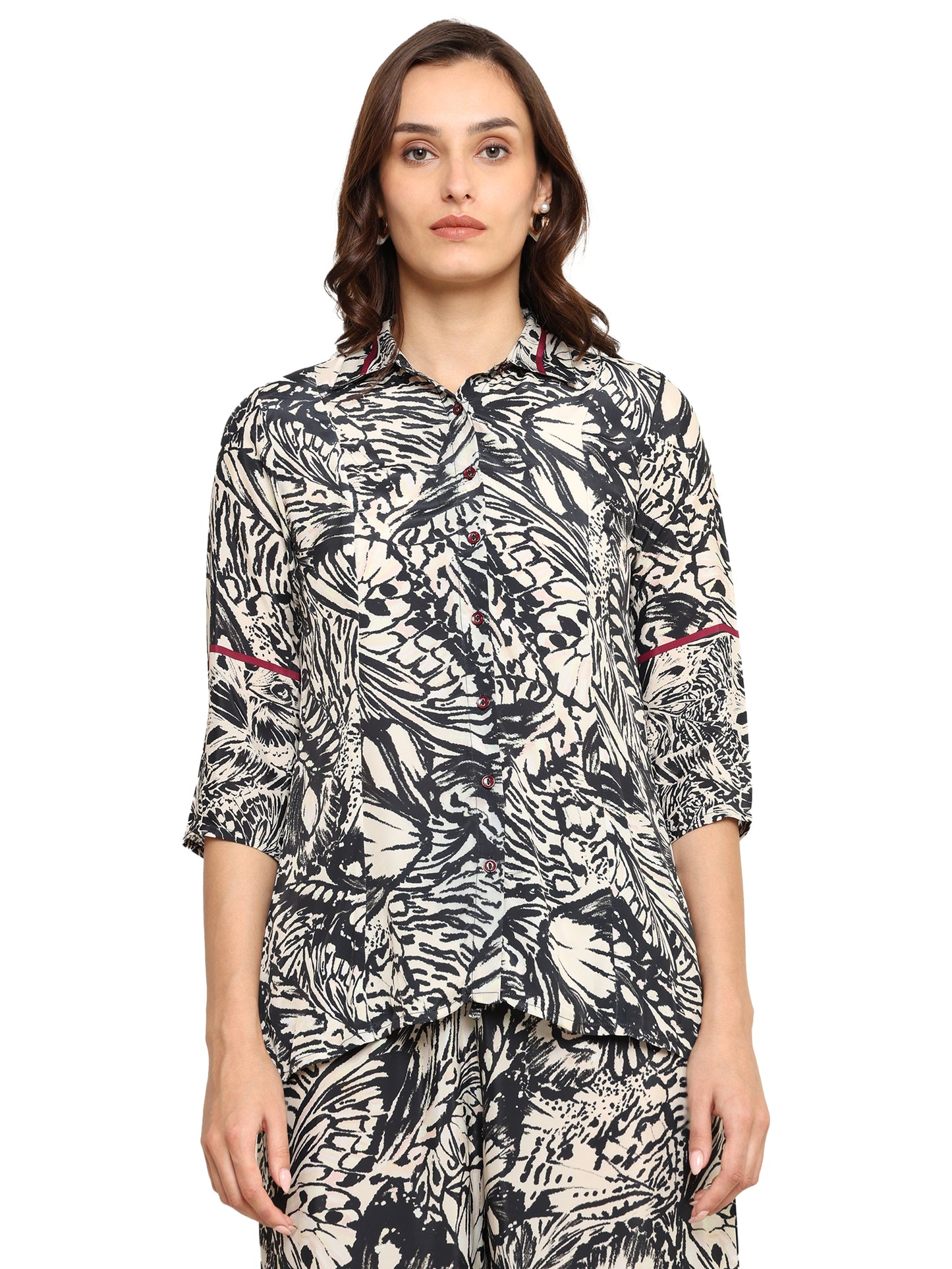 Yash Gallery  Women's Printed Cotton Blend Co-ord Set with Shirt Collar & Wide-Leg Pants