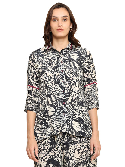 Yash Gallery  Women's Printed Cotton Blend Co-ord Set with Shirt Collar & Wide-Leg Pants
