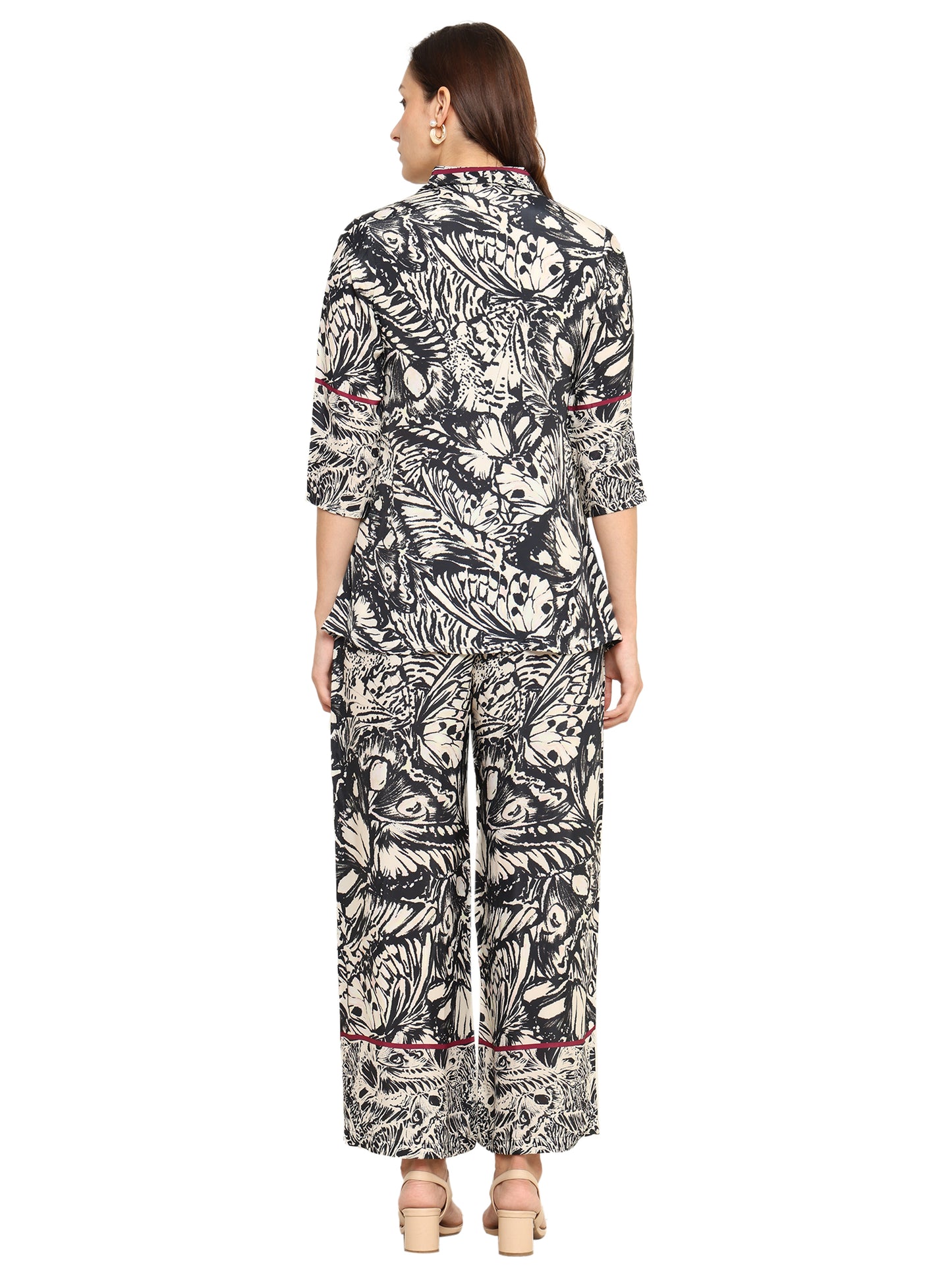 Yash Gallery  Women's Printed Cotton Blend Co-ord Set with Shirt Collar & Wide-Leg Pants