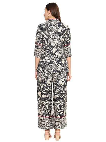 Yash Gallery  Women's Printed Cotton Blend Co-ord Set with Shirt Collar & Wide-Leg Pants
