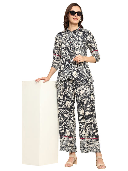 Yash Gallery  Women's Printed Cotton Blend Co-ord Set with Shirt Collar & Wide-Leg Pants