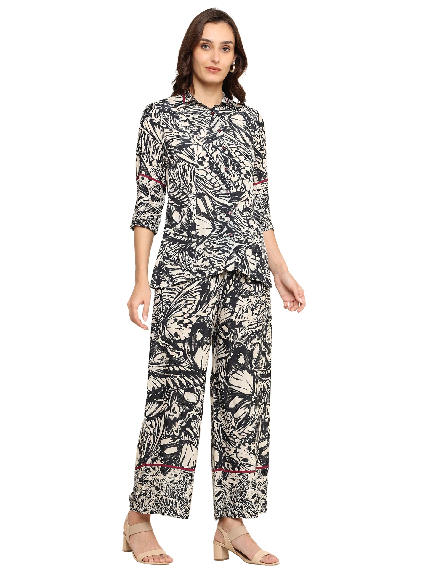Yash Gallery  Women's Printed Cotton Blend Co-ord Set with Shirt Collar & Wide-Leg Pants