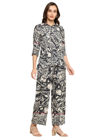 Yash Gallery  Women's Printed Cotton Blend Co-ord Set with Shirt Collar & Wide-Leg Pants