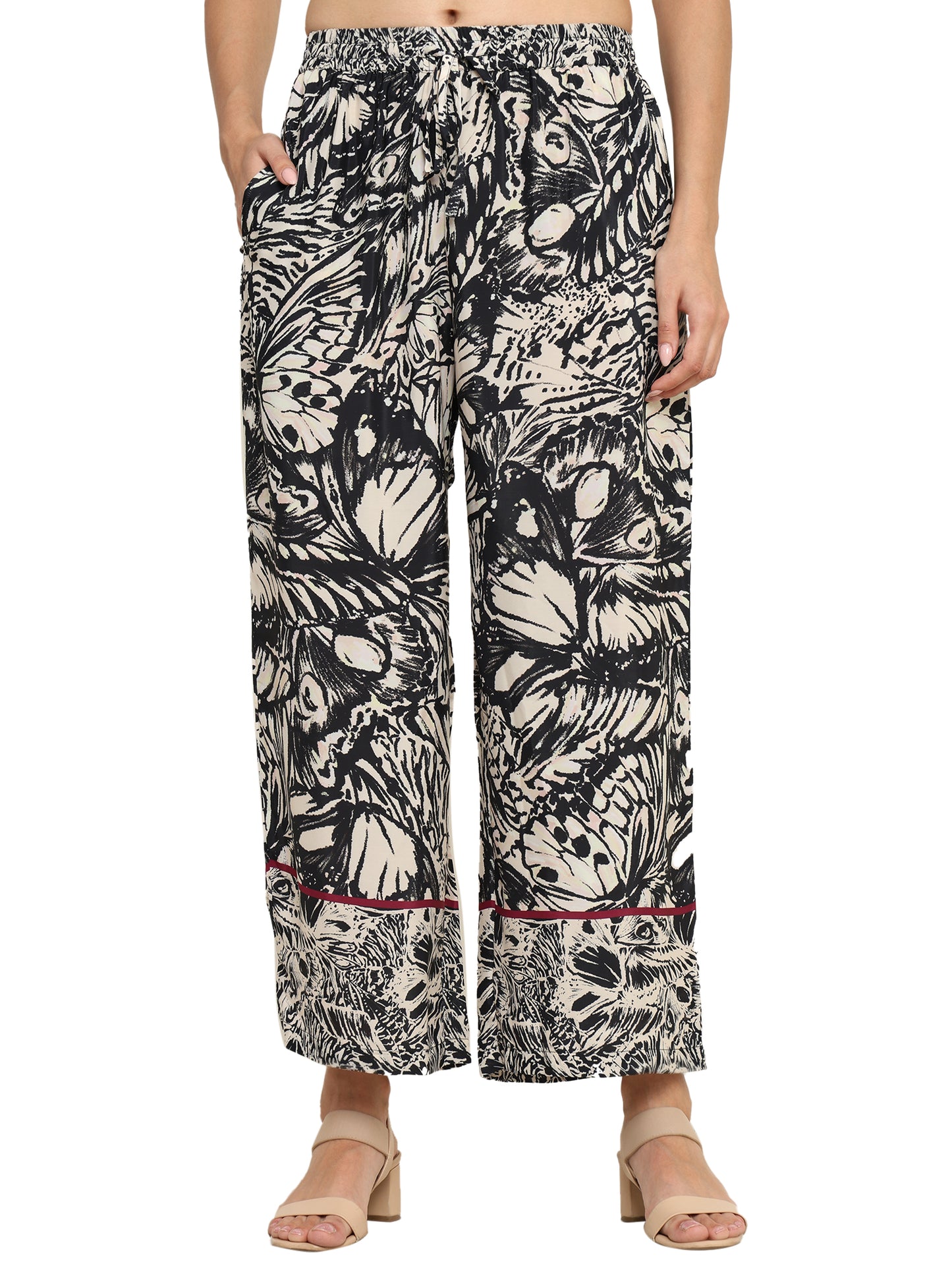 Yash Gallery  Women's Printed Cotton Blend Co-ord Set with Shirt Collar & Wide-Leg Pants