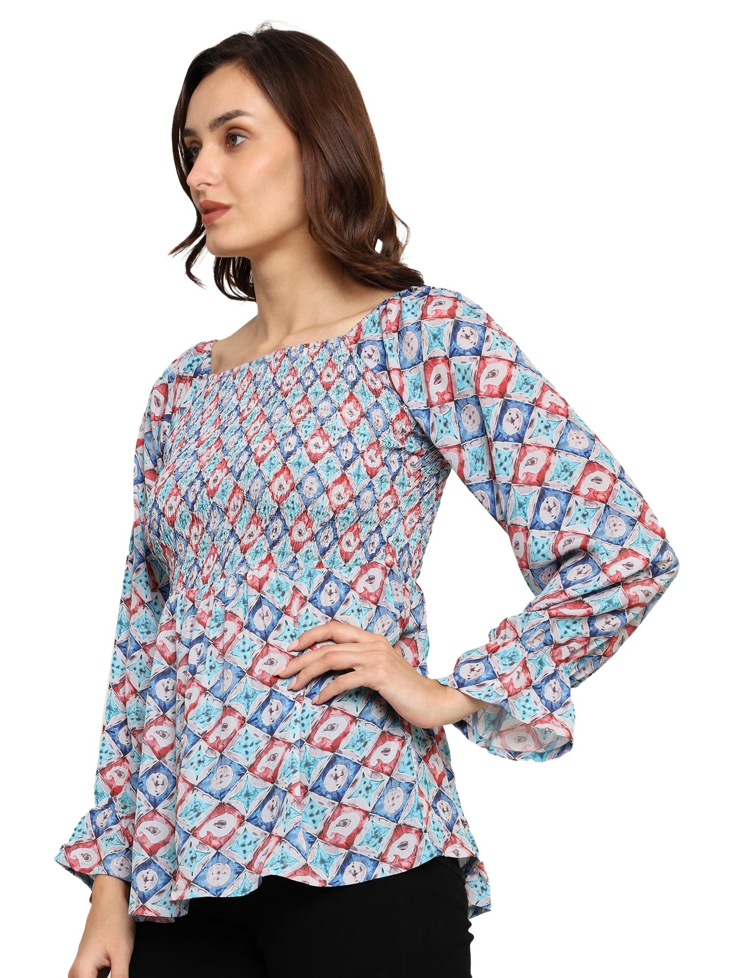 Yash Gallery Polyester Waist Length Digital Printed  Top for Women  Puff Sleeve
