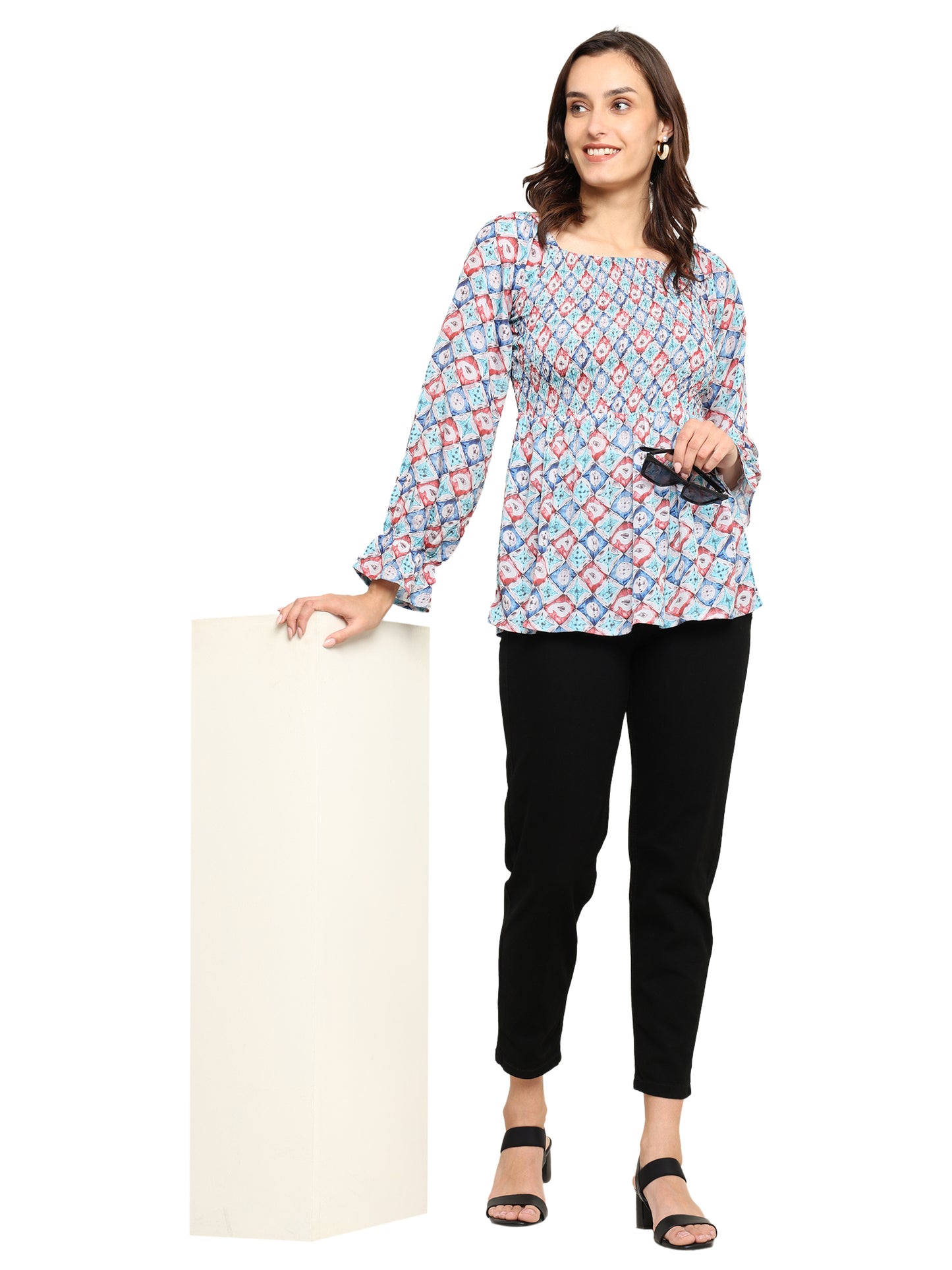 Yash Gallery Polyester Waist Length Digital Printed  Top for Women  Puff Sleeve