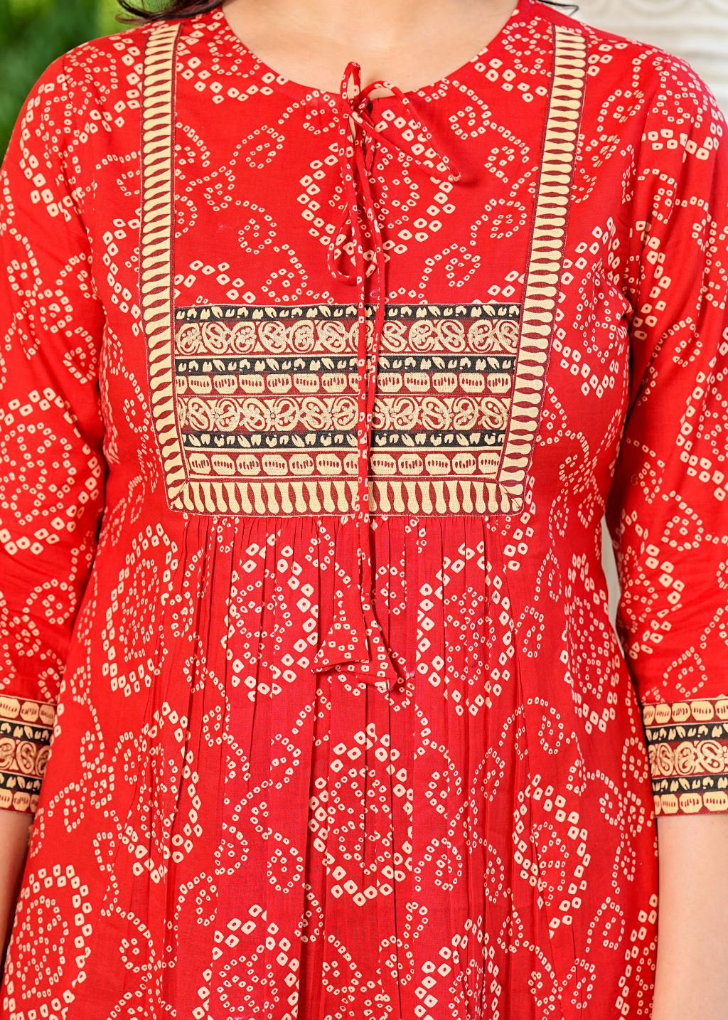 yash gallery cotton mid thigh length bandej printed round neck short kurti for women