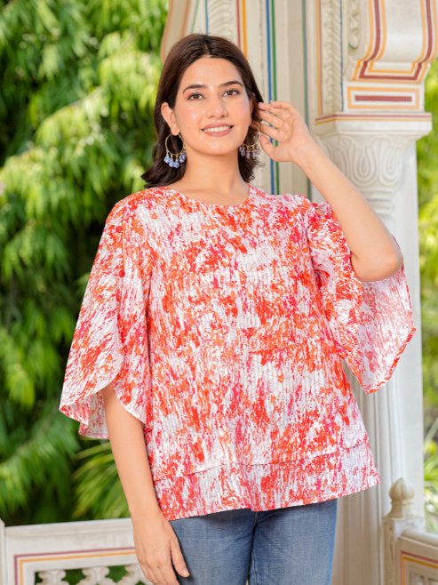 yash gallery cotton waist length tie dye printed round neck bell sleeve top for women