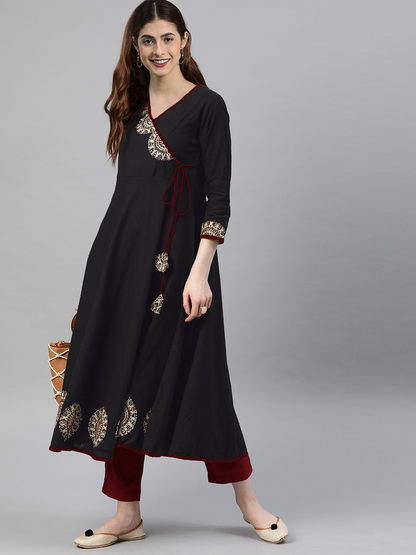 Yash Gallery Women's Cotton Slub Patch Work Angrakha Kurta Plus Size