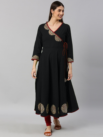 Yash Gallery Women's Cotton Slub Patch Work Angrakha Kurta Plus Size