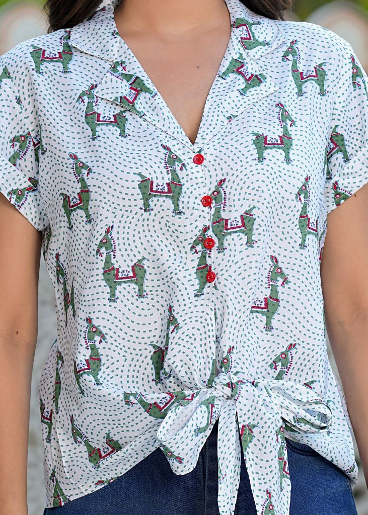 Yash Gallery Women's Horse Printed Knot Style Regular Top